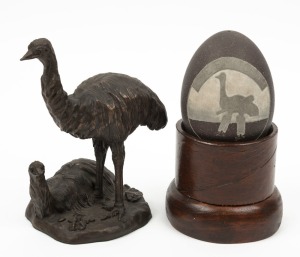 The Emu Cricket Club, New South Wales: boxed emu statue and etched emu egg with a padded-up emu carrying a bat; in presentation box.