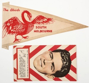 "SOUTH MELBOURNE - The Bloods" colour lithographed cloth banner (28cm wide) possibly by Greig's Honey; together with the 1953 Argus Football Portrait Ron Clegg. (2 items).