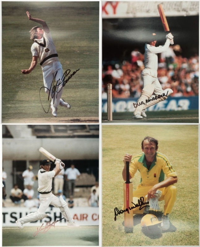 FOUR CRICKETING GREATS: Greg Chappell, Kim Hughes, Jeff Thomson and Doug Walters; attractive colour photographic prints, each accompanied by an Icons of Sport CofA. (4 pics + 4 CofAs).