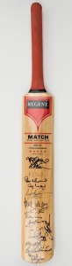A full size Regent Match Poly-Coated cricket bat signed by numerous cricketers who participated in the 1997 MS International Cricket Classic at St. Kevin's College in Melbourne. Together with the official programme for the event, which is also extensively signed. The signatories include Barry Richards, Len Pascoe, Dav Wahtmore, Gus Logie, Richard Hadlee, David Hookes, Kim Hughes and Graeme Pollock.