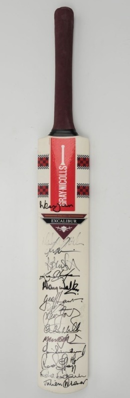 A full size Gray-Nicholls Premium Excalibur cricket bat signed by numerous cricketers who participated in the 1999 MS International Cricket Classic at St. Kevin's College in Melbourne. Together with two official programmes for the event, also extensively