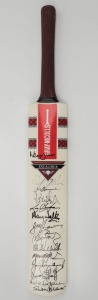A full size Gray-Nicholls Premium Excalibur cricket bat signed by numerous cricketers who participated in the 1999 MS International Cricket Classic at St. Kevin's College in Melbourne. Together with two official programmes for the event, also extensively signed. The signatories include Kim Hughes, Len Pascoe, Geoff Lawson, Jeff Thomson, Kapil Dev, John Emburey, Sunil Gavaskar and Gus Logie.
