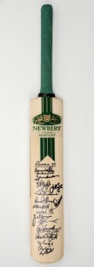 A full size Newbery Handmade Martlet cricket bat signed by numerous cricketers who participated in the 2000 MS International Cricket Classic at Werribee Park Mansion in Melbourne. The signatories include Ian Redpath, Doug Walters, Colin Croft, Joel Garner, Julian Weiner and John Dyson.