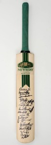 A full size Newbery Handmade Martlet cricket bat signed by numerous cricketers who participated in the 2000 MS International Cricket Classic at Werribee Park Mansion in Melbourne. The signatories include Ian Redpath, Doug Walters, Colin Croft, Joel Garner