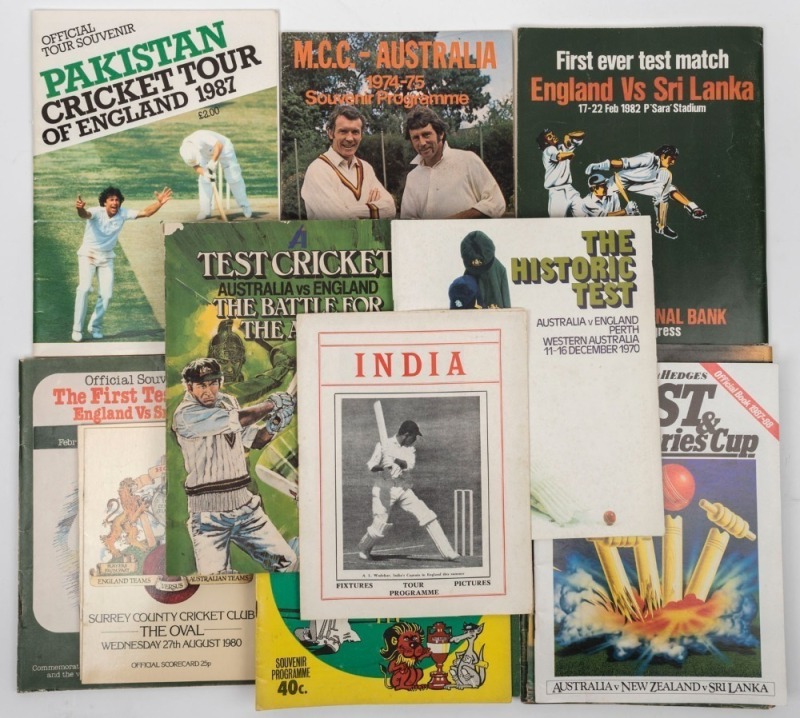 TEST MATCH PROGRAMMES: 1970 Australia v England at Perth; 1971 India in England; 1974-75 M.C.C. v Australia; 1975 Australia v England at Adelaide; 1976-77 Australia v Pakistan; 1977 England v Australia; 1978/79 Australia v England; 1982 England v Sri Lank