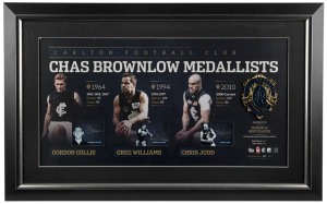 Carlton FC signed Brownlow official print with replica Brownlow Medal. Limited edition #20 of 200. Signed by Gordon Collis, Greg Williams and Chris Judd. Official AFLPA CoA included. ​​​​​​​53 x 85cm overall