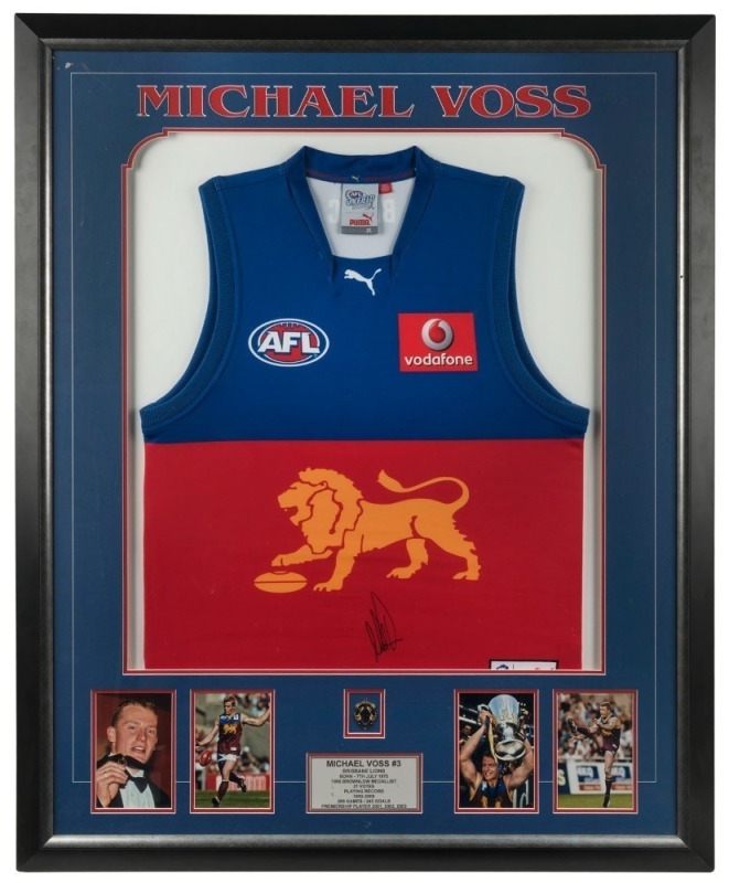 BRISBANE - MICHAEL VOSS signed Brisbane Lions jersey from the era in which he played - the display includes a replica Brownlow medal, four action photos and a plaque. Comes with ASM Certificate of Authenticity. Framed: 109 x 88cm.