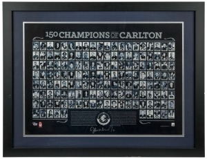 CARLTON FOOTBALL CLUB - JOHN NICHOLS signed "150 years of Carlton" print (Nichols was voted #1 player of the last 150 years). Comes with ASM Certificate of Authenticity. Framed: 68 x 88cm.