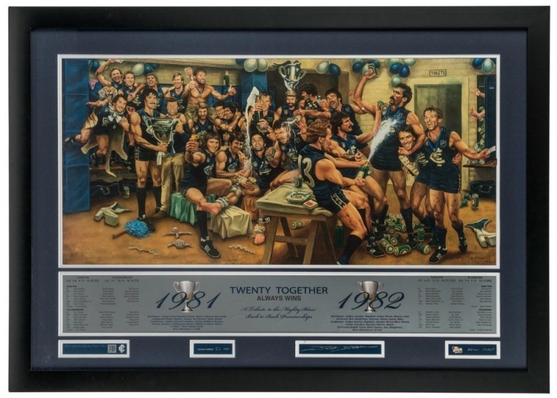 CARLTON: 1981/1982 Back-to-Back Premierships Art print – Limited edition #81/200 (artist Proof) signed by the artist, Jamie Cooper.  Framed 71 x 99cm.