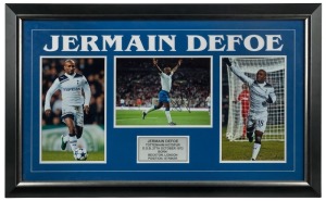 JERMAINE DEFOE signed Tottenham&nbsp;Hotspur photo set (one signed 8"x10" photo and two unsigned 8"x10" photos with plaque. With ASM Certificate of Authenticity. Overall 55 x 90cm.
