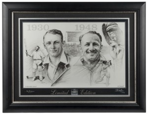 "The ART OF BRADMAN - A Memorable Summer 1930 & The '48 Farewell" limited edition print (#3/334) with artwork by Brian Clinton, signed by Bradman and Clinton and accompanied by a CofA signed by the artist. Attractively framed & glazed, overall 57 x 73cm.
