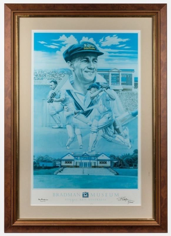 "The Don" limited edition print (#3/1000) based on an original painting by Brian Clinton celebrating Bradman's 90th birthday; signed in lower margin by Bradman and Clinton and accompanied by a CofA signed by the artist. Framed & glazed, 96 x 68cm overall.