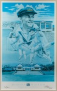 "The Don" limited edition print (#3/1000) based on an original painting by Brian Clinton celebrating Bradman's 90th birthday; signed in lower margin by Bradman and Clinton and accompanied by a CofA signed by the artist. Framed & glazed, 96 x 68cm overall. - 2