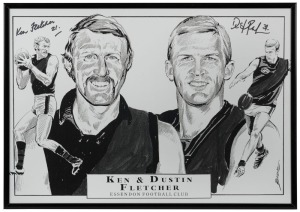 ESSENDON LEGENDS: Ken Fletcher #21 and Dustin Fletcher #22 signed displays. Both framed. The larger 43 x 95 cm overall