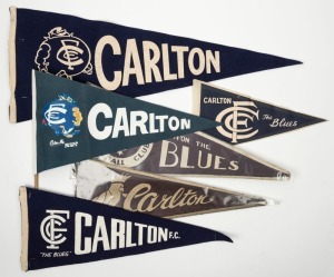 CARLTON supporters pennants, undated, but one featuring "Cocky Marr". (6 different).