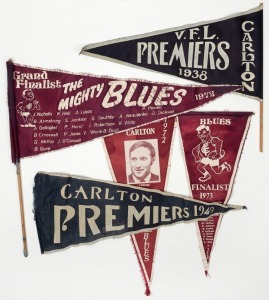 1938 CARLTON V.F.L. PREMIERS pennant, plus other banners for 1949, two different 1972's and a 1973. (5 items).