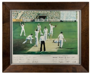 "The Ashes Centenary Print" with facsimile signatures of both teams; framed and glazed, 62 x 77cm.