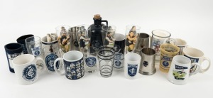 CARLTON: A collection of glasses, mugs, cups and stubby holders including 1964 Centenary Year pewter mug, ceramic port flask, early glass and ceramic types, etc. (Total: 27 items).
