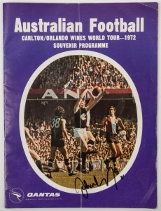 The Official Programme for the "Carlton/Orlando Wines World Tour" signed to the front cover by John Nicholls. The Orlando All Stars team included Mal Brown, Ross Smith, Royce Hart, Malcolm Blight & Peter Bedford; Carlton were the 1972 Premiers. Extremely 