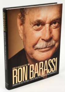 "RON BARASSI - Chronicling his Football Career using his scrapbooks and memorabilia" the magnificent "Icons of Australian Sport" hardcover book [2008] signed and dedicated by Barassi.