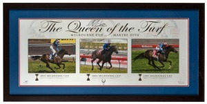 MAKYBE DIVA - Queen of the Turf – Glen Boss signed triple Melbourne Cup wins poster – VRC official product.  Comes with ASM Certificate of Authenticity. Framed: 51 x 106cm.