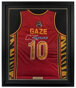 ANDREW GAZE: Melbourne "Tigers" No.10 GAZE singlet, signed by Andrew Gaze, attractively framed & glazed and accompanied by a CofA. Overall 98 x 84cm.