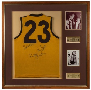 HAWTHORN FOOTBALL CLUB JUMPER No. 23, signed by club greats Don Scott and Dermott Brereton; attractively framed & glazed together with photos of the two players and details of their careers. Overall 108 x 108cm.