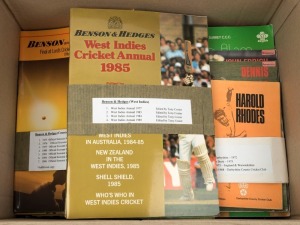 A collection of publications, including Player Benefit Brochures (Harold Rhodes, Dennis Amiss, John Edrich, Intikhab Alam, Richard Hadlee, Wayne Daniel, and others), various 1960s - 80s cricket magazines, various West Indies Cricket Annuals, County Champi