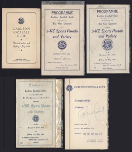 CARLTON: July 1939 Carlton Football Club trip to Canberra and Sydney itinerary; 1946 3-KZ Sports Parade and Variety Programme (extensively signed); 1947 3-KZ Sports Parade and Variety Programme (signed); 1948 3-KZ Sports Parade and Variety Programme; 1970