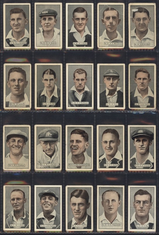 1936 Allen's Cricketers (part set, 25), several other cricket cards plus a part set of ten of the 1936 Real Photogravure Australian team postcards. (39 items). Mixed condition.