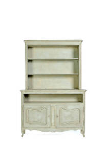 French style kitchen cupboard, grey painted finish on cabriole legs. 20th century. Height 221cm, width 152cm, depth 33cm