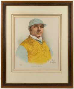 "CHARLES WOOD" (British Jockey, 1854-1945) coloured lithograph published by "The Illustrated Sporting & Dramatic News, April 25th, 1885; attractively framed & glazed, overall 71 x 57cm.