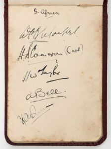 SOUTH AFRICA IN AUSTRALIA 1931-32 - THIRD TEST, MELBOURNE, December 1931 A small autograph book featuring the original signatures of South African team members Morkel, Cameron, Taylor, Bell and Quinn. The book also contains various non-cricket signatures.