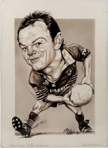 STUART GALBRAITH of the Parramatta Eels, original pen and ink artwork by Edwin Huxley, dated 1993. Overall 47 x 34cm.