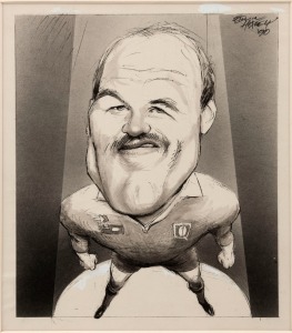 WALLY LEWIS of the Brisbane Broncos, original artwork by Edwin Huxley, 1990; matted, overall 51 x 40cm.