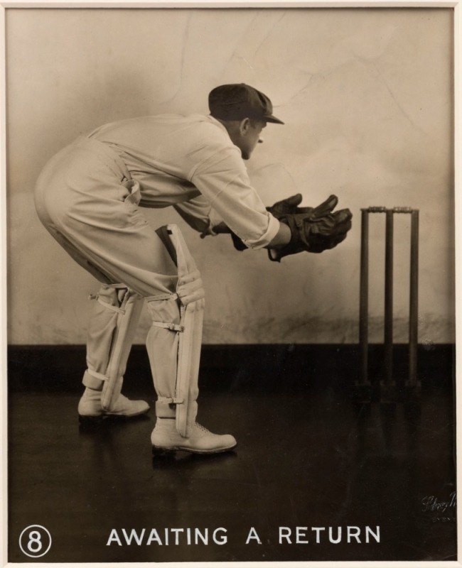 ORIGINAL PHOTOGRAPHS: "Awaiting a return" depicting Bert Oldfield behind the wicket (by Sidney Riley, dated 1936); Athur Chipperfield (a studio portrait by Lenare, dated 1938) and Denis Compton "putting a ball from Benaud past Johnson" (Press Photo dated