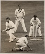 ORIGINAL PHOTOGRAPHS: "Awaiting a return" depicting Bert Oldfield behind the wicket (by Sidney Riley, dated 1936); Athur Chipperfield (a studio portrait by Lenare, dated 1938) and Denis Compton "putting a ball from Benaud past Johnson" (Press Photo dated - 2