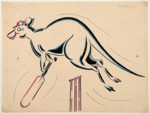 DOROTHY BURROUGHS (1890 - 1970) "The Kangaroo" pen and ink illustration depicting a cricket-player kangaroo bounding over the stumps with bat in "hand", circa late 1920s; 25 x 32cm.