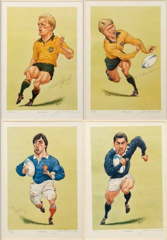 Original limited edition colour lithographs of Michael Lynagh, Nick Farr-Jones, Gavin Hastings and Philippe Sella, all signed by the players and the artist, J. Ireland, from a limited edition series issued in 1992. All individually matted. (4)