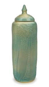 KLYTIE PATE impressive pottery lidded vase adorned with sgraffito palm trees, glazed in turquoise, blue and cream, incised "Kyltie Pate, 1994", 43cm high Purchased from Distelfink Gallery, Melbourne. Lot 40. Note: This was the major work of the exhibitio