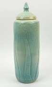 KLYTIE PATE impressive pottery lidded vase adorned with sgraffito palm trees, glazed in turquoise, blue and cream, incised "Kyltie Pate, 1994", 43cm high Purchased from Distelfink Gallery, Melbourne. Lot 40. Note: This was the major work of the exhibitio - 2