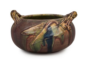ALLAN JAMES rare REMUED pottery vase with applied branch handles, gumnuts and leaves, glazed in early pink, green and blue colourway, incised "A. James, 1933", 10.5cm high, 18cm wide