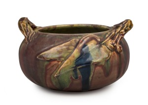 ALLAN JAMES rare REMUED pottery vase with applied branch handles, gumnuts and leaves, glazed in early pink, green and blue colourway,  incised "A. James, 1933", 10.5cm high, 18cm wide