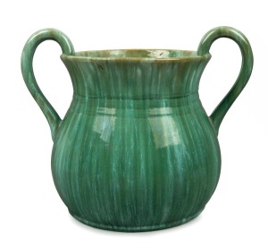 JOHN CAMPBELL green glazed pottery urn with two handles, incised "John Campbell, Tasmania", 27cm high, 33cm wide