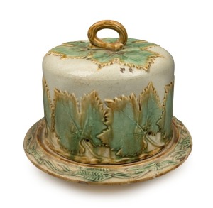 BENDIGO POTTERY cheese dish and cover with grape leaf motif, 19th century, 21cm high, 25cm diameter