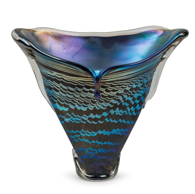 HEANEY GLASS impressive Australian iridescent glass vase, incised "C. Heaney, '88", with original foil label, 21.5cm high