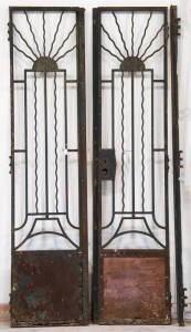 Pair of French wrought iron garden gates with sunspray top in green painted finish, c1920s. Height 290cm, width 110cm