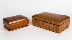 Two vintage Australian timber boxes, Queensland maple and silky oak, early to mid 20th century, the larger 8cm high, 20cm wide, 12cm deep