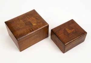 Two Australian timber boxes with specimen timber map tops, 20th century, the larger 9cm high, 14cm wide, 11.5cm deep