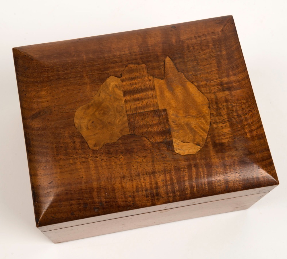 Two Australian timber boxes with specimen timber map tops, 20th century, the larger 9cm high